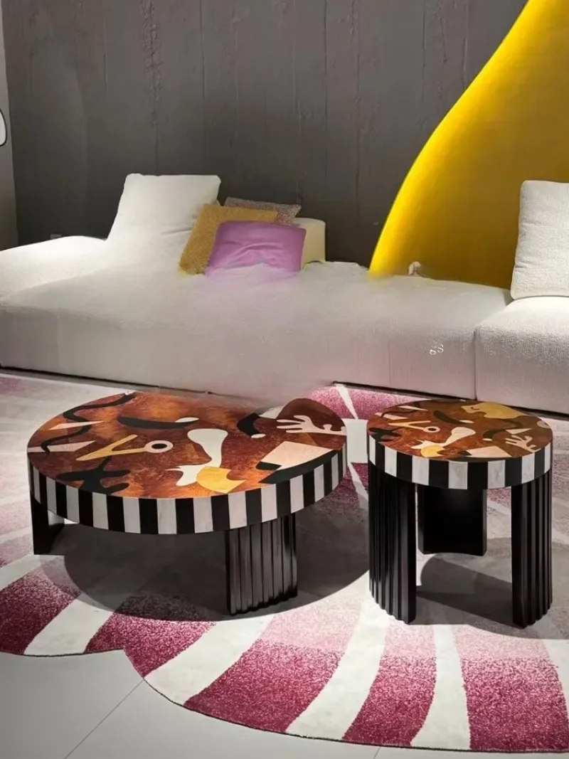 Medieval solid wood painting art coffee table side combination can be round Dutch designer recommended coffee table villa