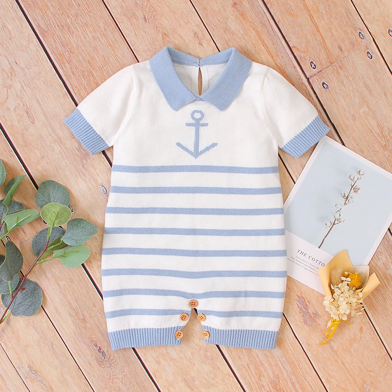 Baby Rompers Clothes Summer Sailor Knit Newborn Infant Boys Cotton Sunsuits Jumpsuits 0-18m Toddler Kids Outfits Gentlemen Style