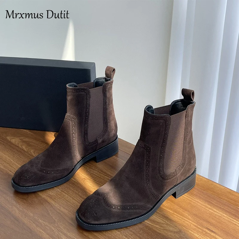 Mrxmus Dutit Winter New Women\'s Shoe Head Layer Cowhide Round Head Carved Flat Mid-Heel Ankle Boots English Style Chelsea Boots