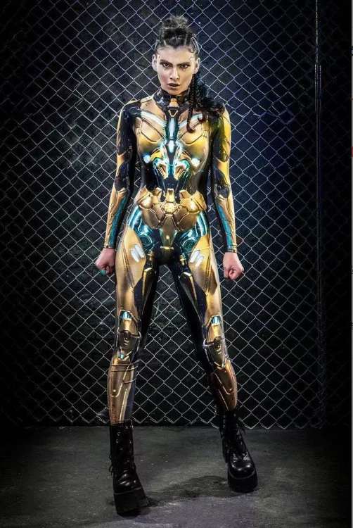 Gold Mechanic Sexy Fancy Jumpsuit Halloween Costume for Women Adult Steampunk The Future People Robot Tactical Cosplay Party