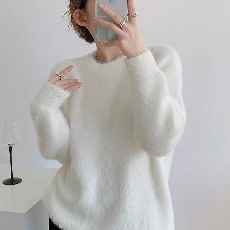

2025 Winter Light Blue Faux Fur Sweater Women's Soft Loose Knit Pullover Cozy Cashmere-Like Top