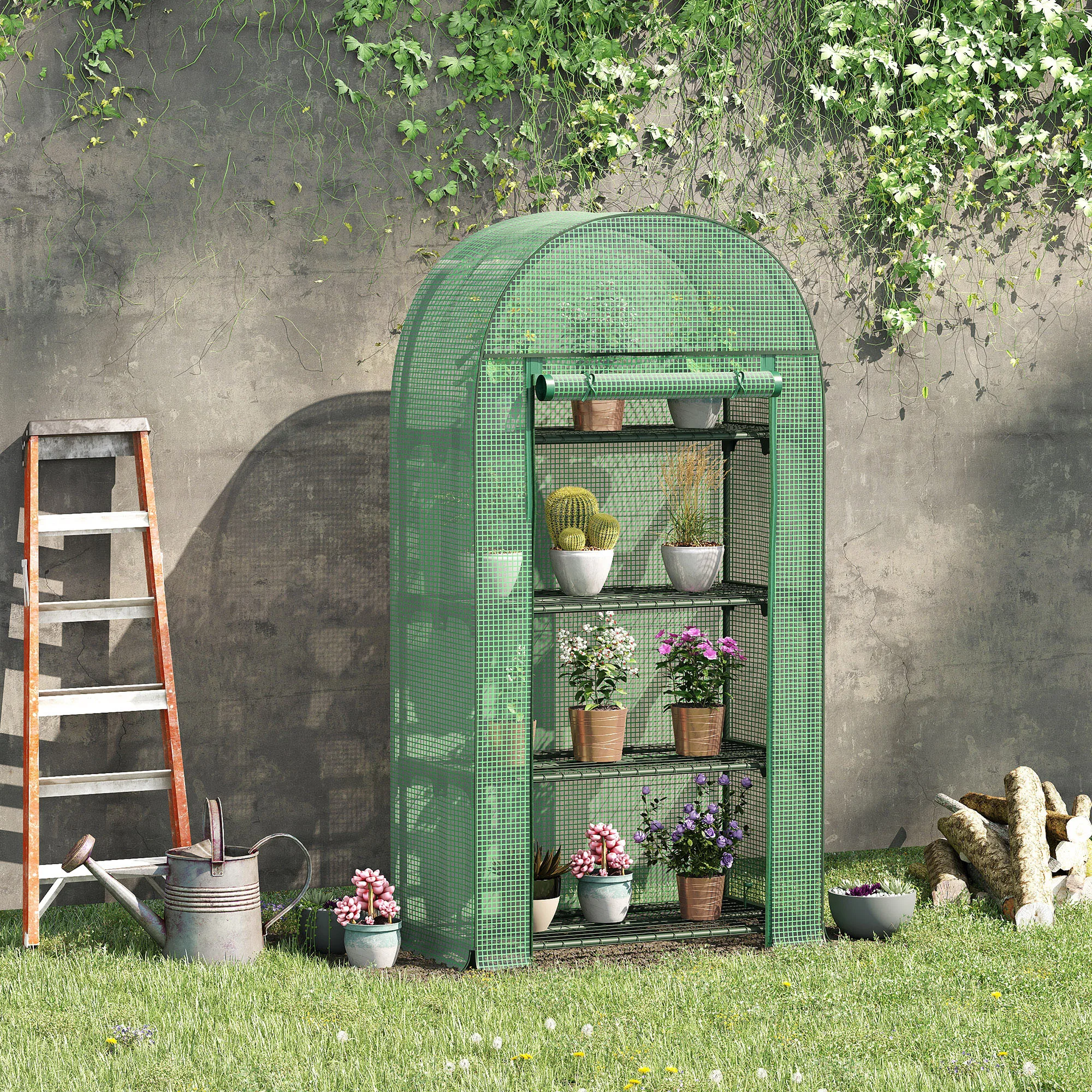 Outsunny garden greenhouse with 4 shelves and roller door 80x49x160 cm