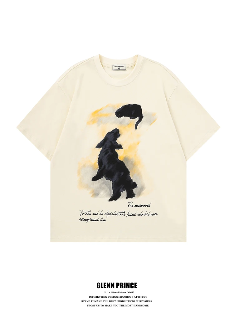

GPstudio American Retro Graffiti Dog Print round Neck Short Sleeve Men's Summer Street Design T-Shirt Cotton Youth Fashion
