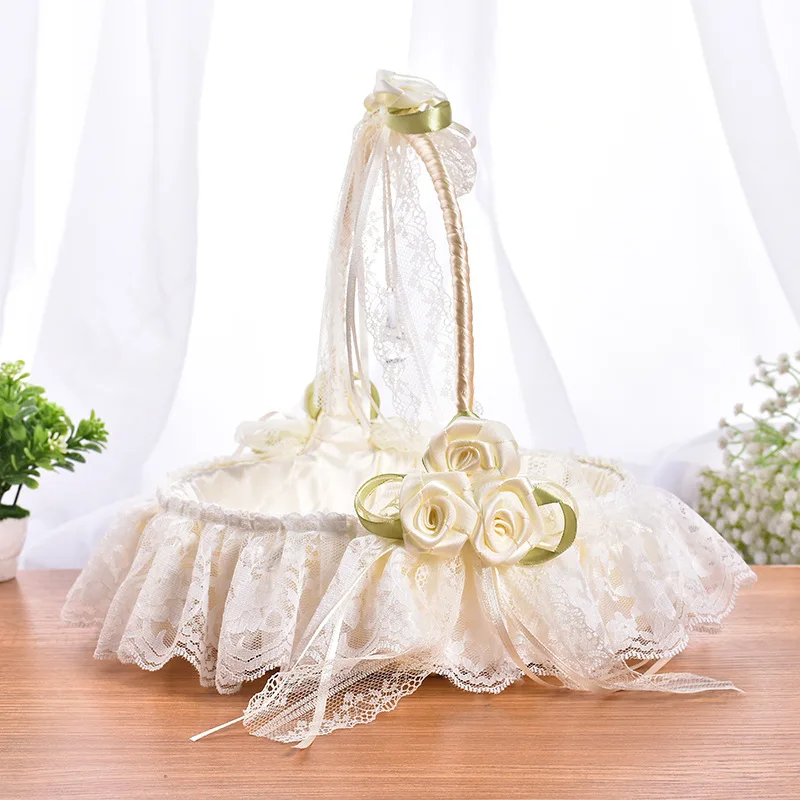 Western-style Wedding Bamboo Flower Basket Rhinestone Lace Basket Flower Girl Hand-held Basket Wedding Supplie