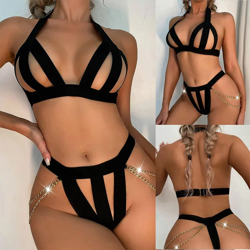 Sexy Women\'s Summer Erotic Lingerie Strappy Webbing Metal Chain Seduction Panties Hollowed Out Nightclub Flirting Bra Porno Suit