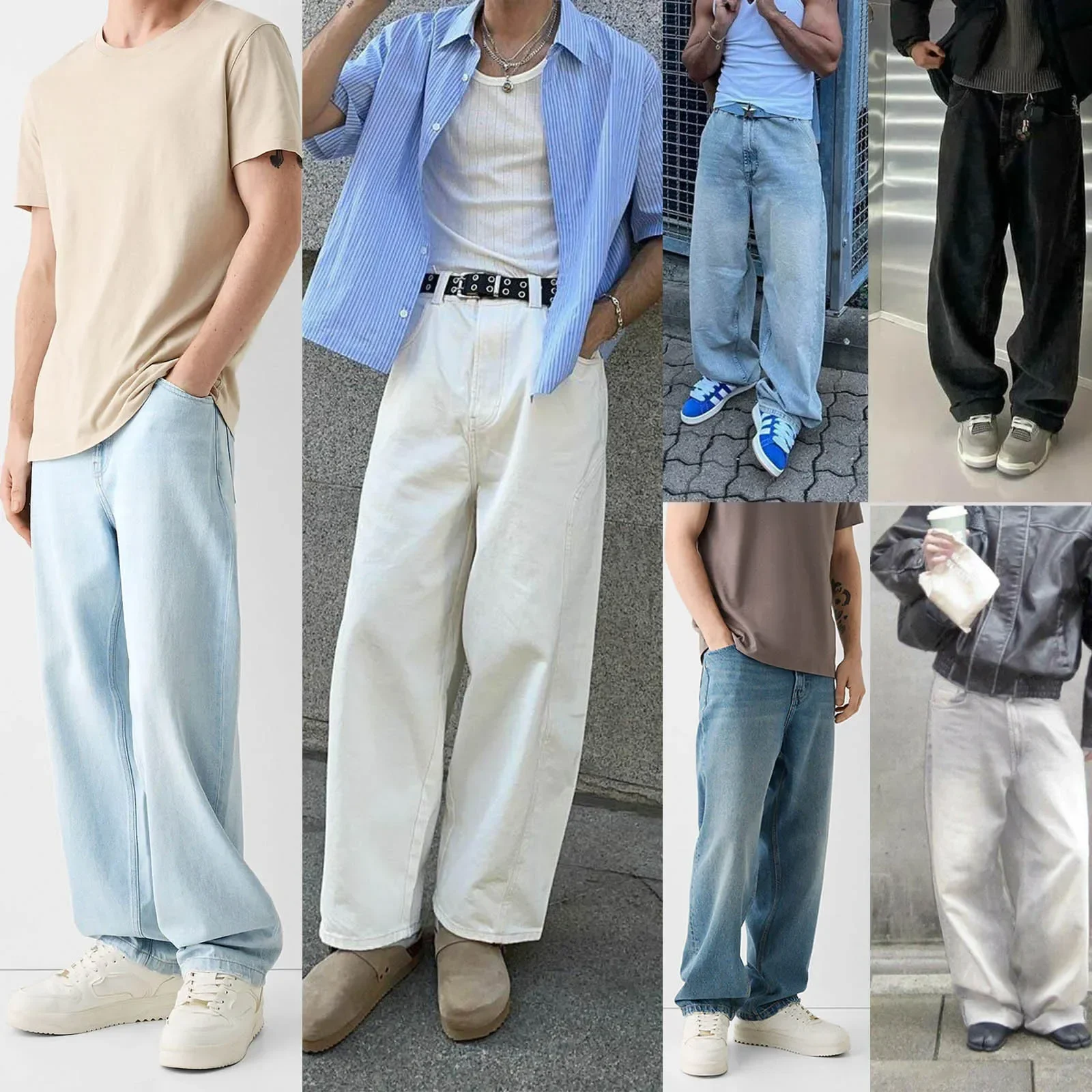 

Men Jeans Long Pant Denim Pants Casual Loose Straight Trousers Button Pockets Splice Solid High Waist Regular Autumn Winter
