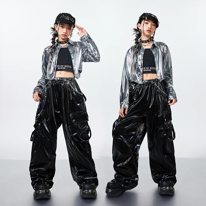 Mädchen Hip Hop Silber Crop Shirt Street Dance Leder Hosen Mode K-pop Coole Jacke Kleidung Sets Gruppe Jazz Bühne tragen Outfits