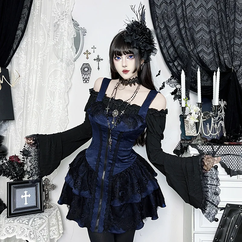 Goth Dark – Mini robe trapèze texturée pour femmes, tenues gothiques de centre commercial, garniture en dentelle Jacquard, robes ornées, robe de bal d'halloween