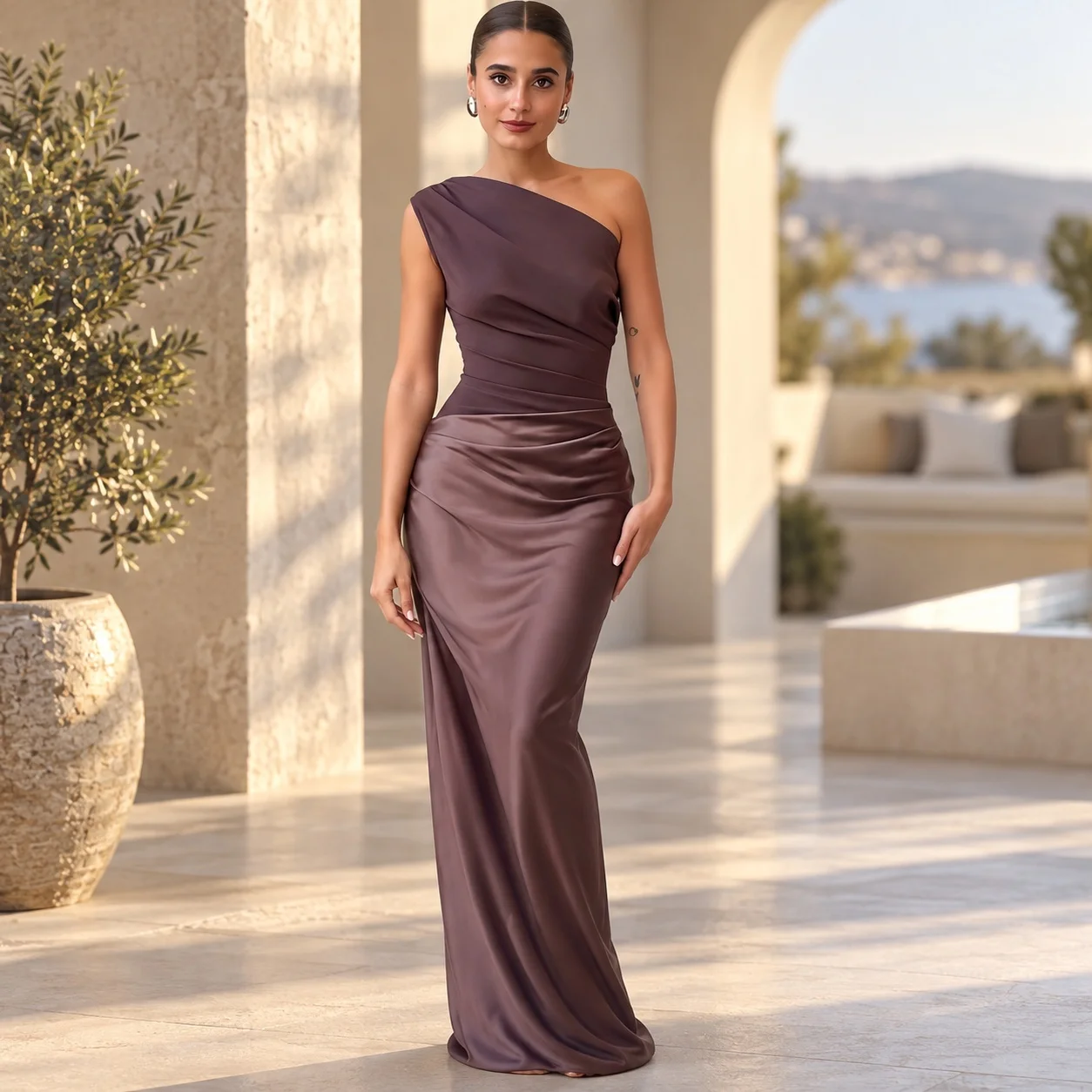 Sleeveless Oblique Neck Gown Maxi Length Socialite with Asymmetric Shoulder Asymmetric Neckline Bodycon Dress Summer for Women