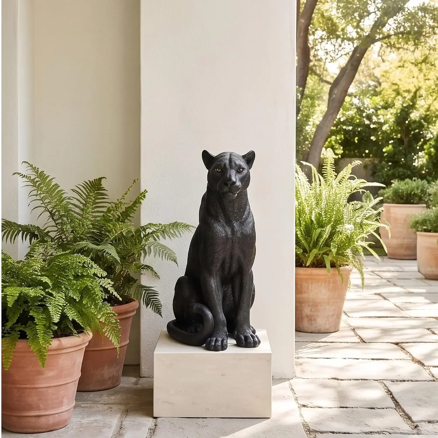 Outdoor Panther Leopard Statue Resin Animal Sculpture with Painted Finish, Large Cat Garden Decor for Yard Lawn Patio Porch Fron