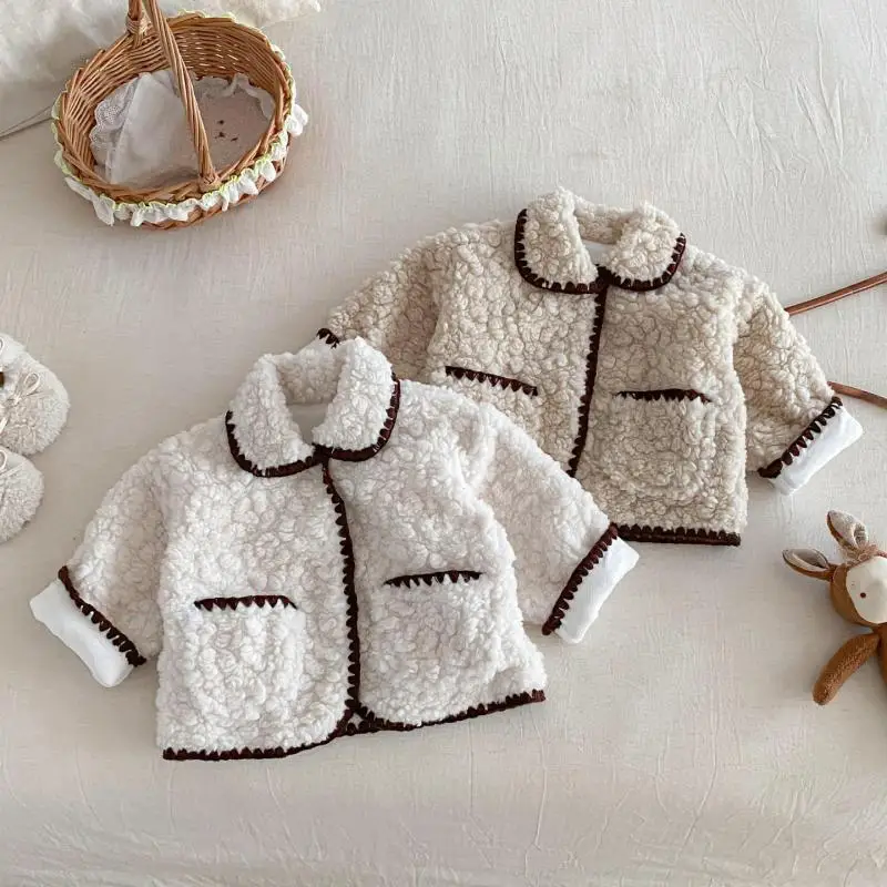 Infant Girls Padded Jacket Toddler Lapel Windproof Jacket 2025 Winter New Baby Warm Lamb Fleece Coat Plus Velvet Thick