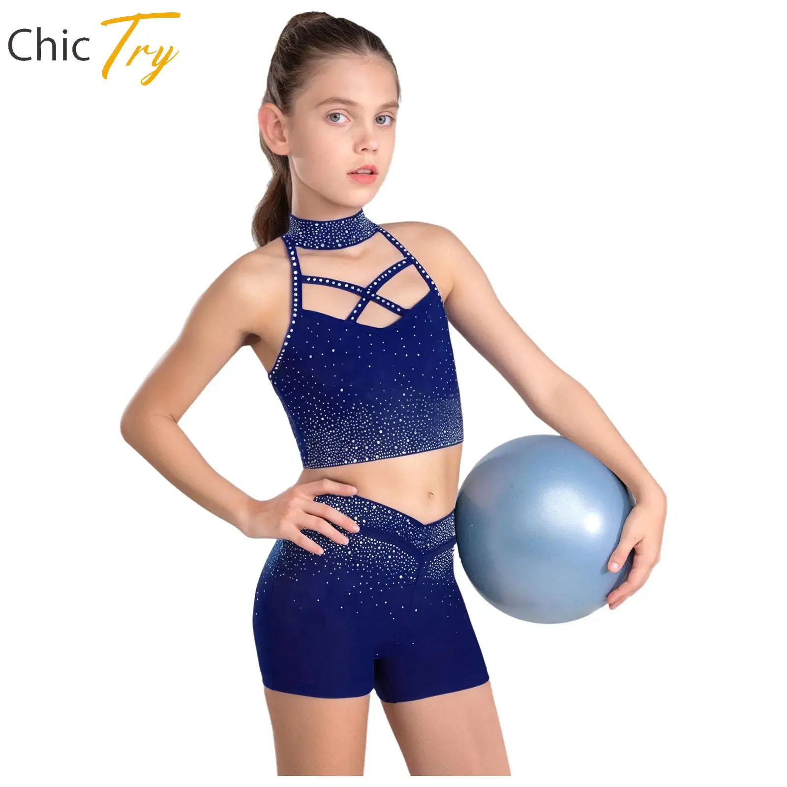 

Kids Girl's Ballet Figure Skating Costume Halter Sleeveless Backless Rhinestone Crop Top+Shorts Sets Gym Yoga Workout Dancewear