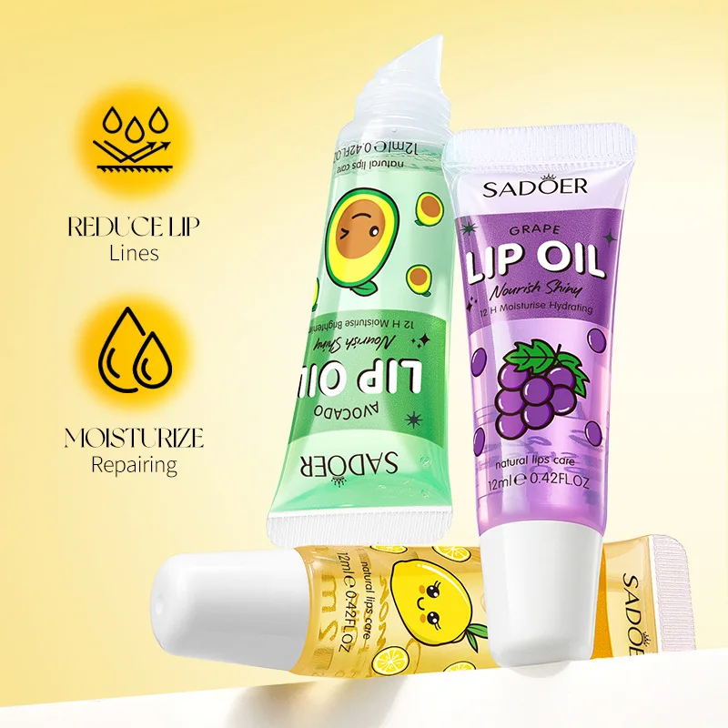 3Pcs/Box Fruit Scented Lip Oil Set with Avocado Strawberry & Grape Flavors Hydrating Transparent Lip Gloss for Soft Smooth Lips
