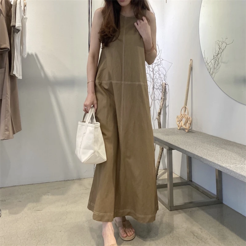 REALEFT Summer Cotton Linen Tank Long Dresses for Women 2025 New High Waist O-Neck Sleeveless Straight Korean Dresses Female