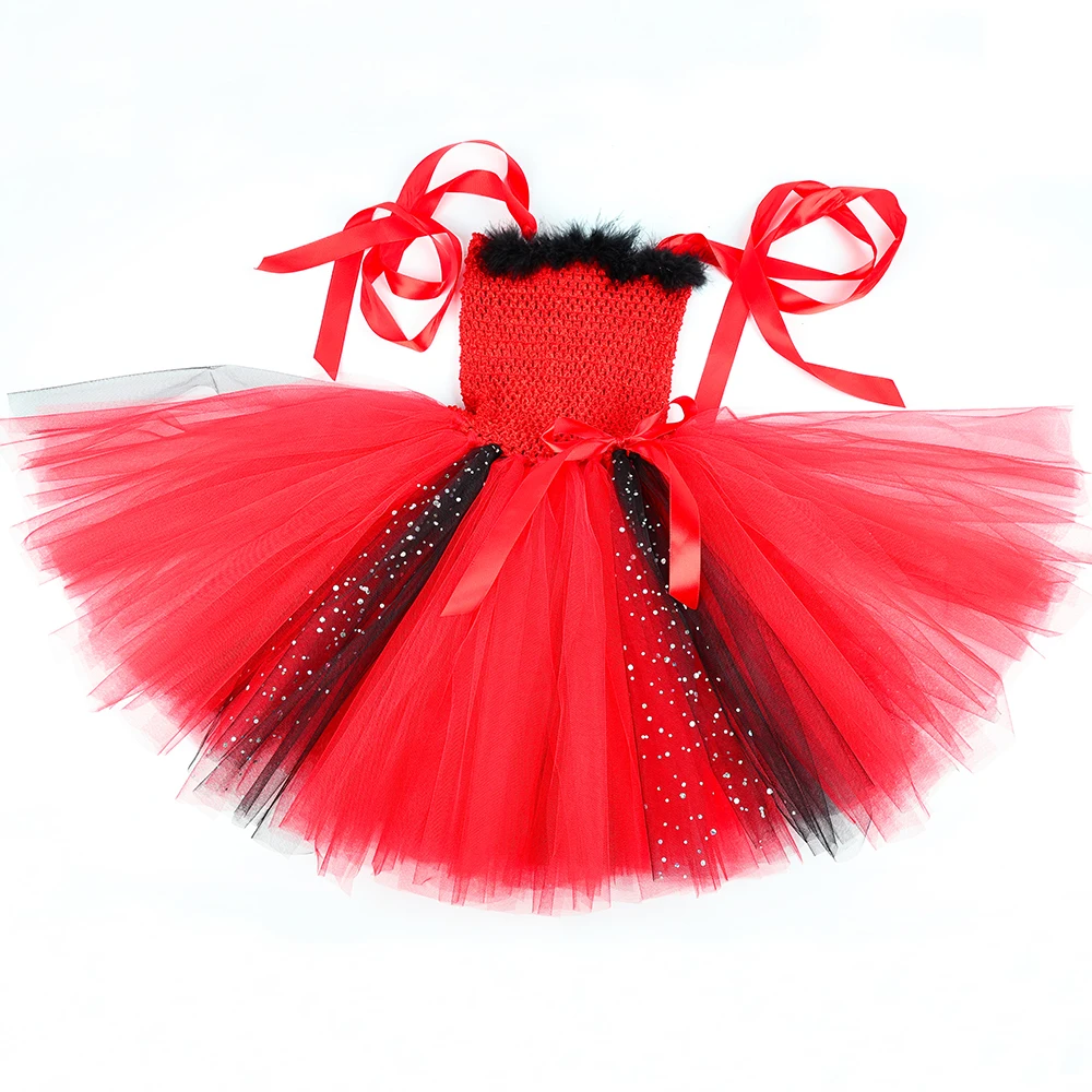 Devil Costume for Girls Halloween Red Demon Tutu Dress Glitter Toddler Kids Carnival Party Dress Up Clothes Wings Horns Outfit view 6