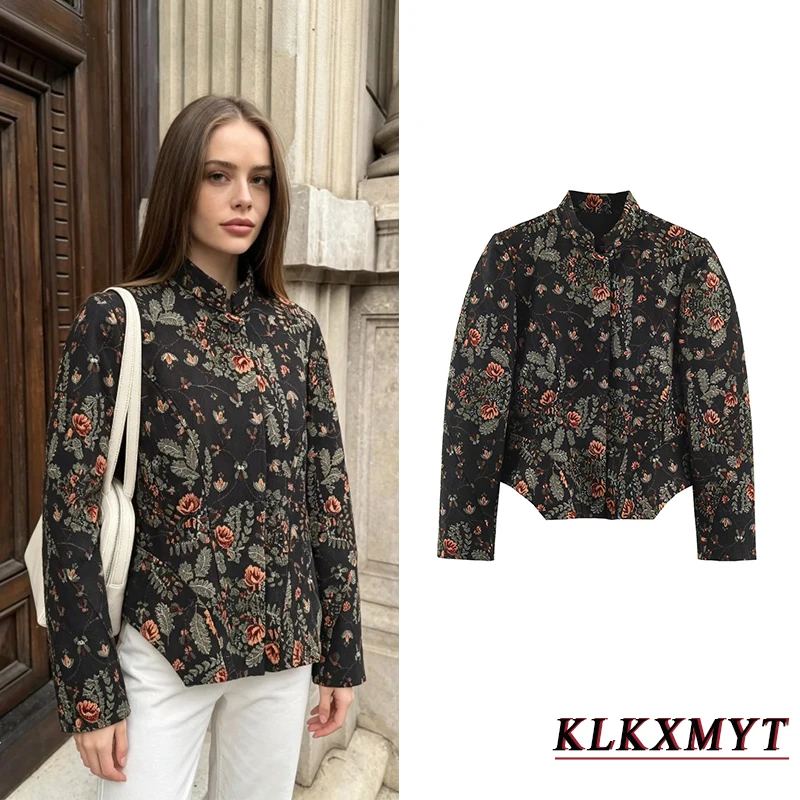 Women Autumn Elegant Flower Print Short Jacket Women Fashion Stand Collar Long Sleeve Button Coat New Leisure Hight Street Coat