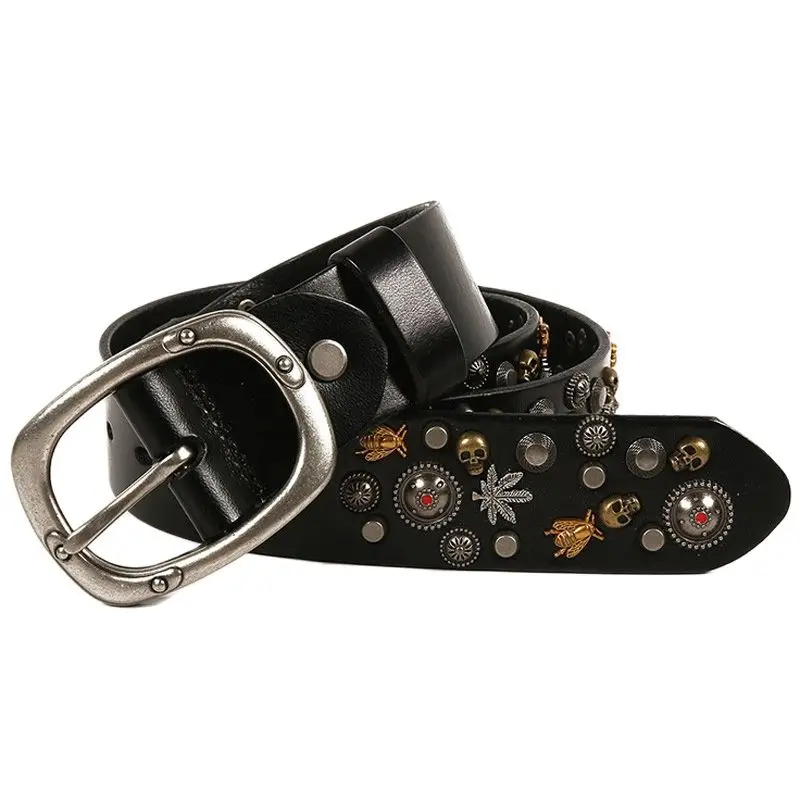 Genuine Leather Fashion Women Men Punk Rock Bee Rivets Black Belt With Studded Casual Top Layer Cow Hide Leather Belt For Jeans