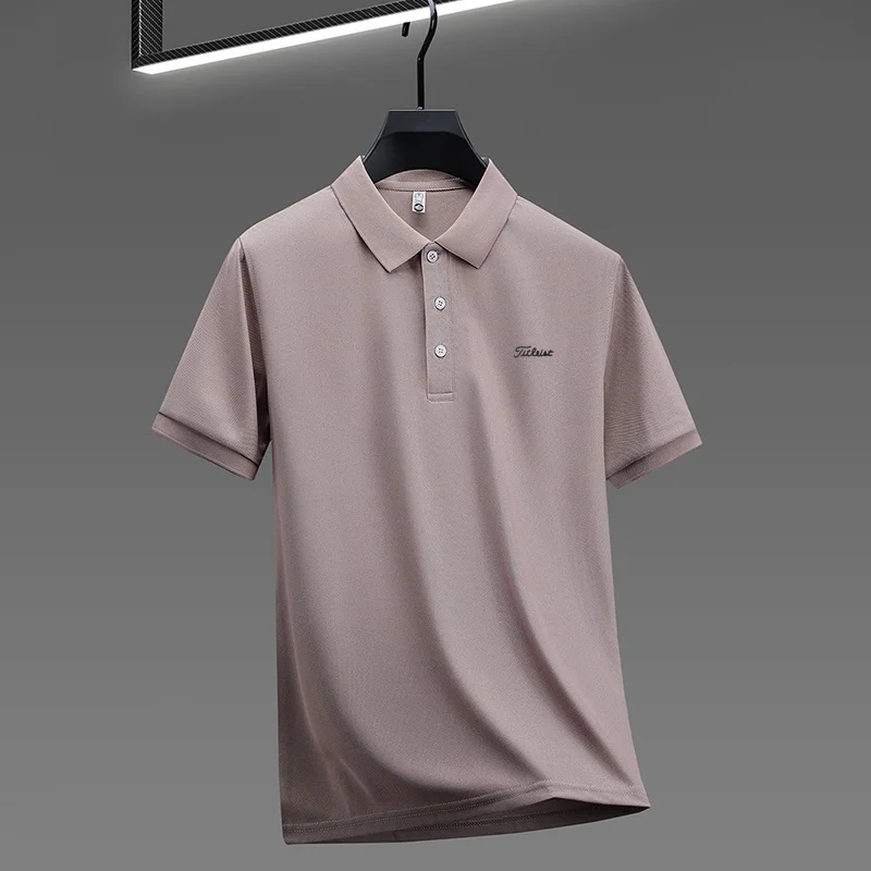 Business Casual Herren Neues Kurzarm-Poloshirt mit Kragen und Knöpfen, Einfarbig mit Schriftzug, Bequemes Atmungsaktives Herren-T-Shirt – Detail 19