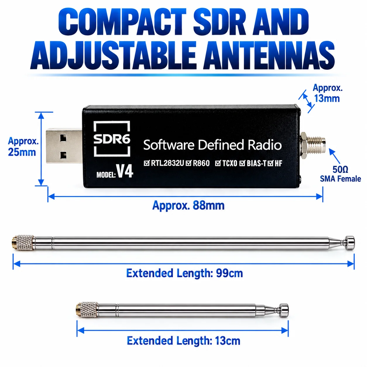 HTOOL SDR6 V4 SDR Receiver Kit, 500kHz-1.7GHz Wideband, R860 Tuner, 1PPM TCXO, Portable Telescopic Dipole Antenna