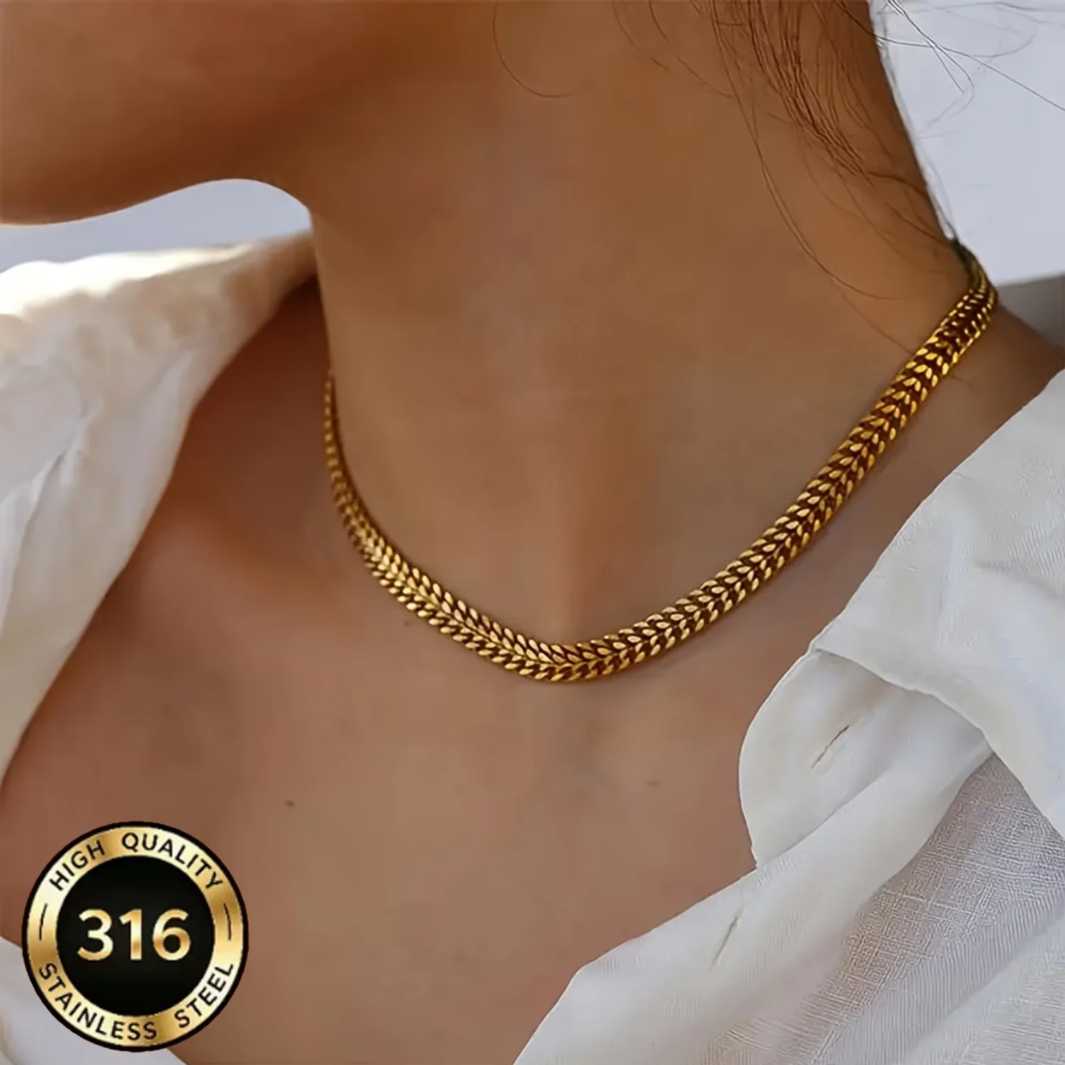 18K Vergoldete Vintage Punk-Stil Edelstahl Weizenkette Halskette Französischer Chunky Link Schmuck für Damen und Herren Tägliches Tragen