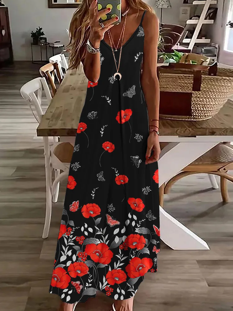 

3D Flower Print Women's Long Dress Summer Daily Casual Women's Halter Dress Urban Street Fashion Women's Sleeveless Dress