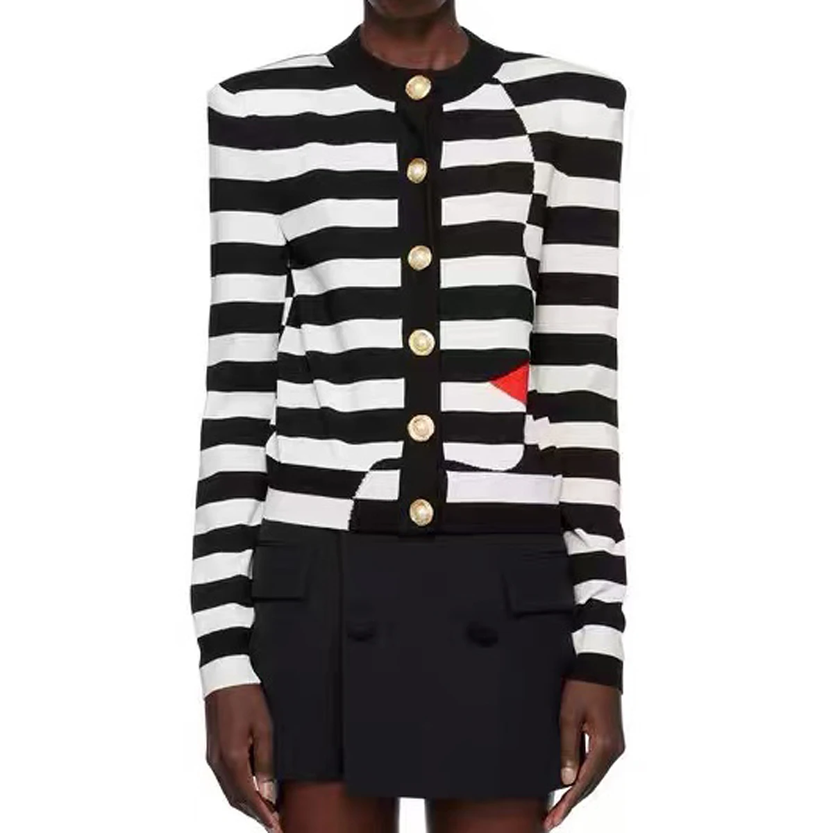 

Высококачественный осенний новый полосатый модный темпераментный женский вязаный кардиган с длинными рукавами и круглым вырезом, верхняя куртка
