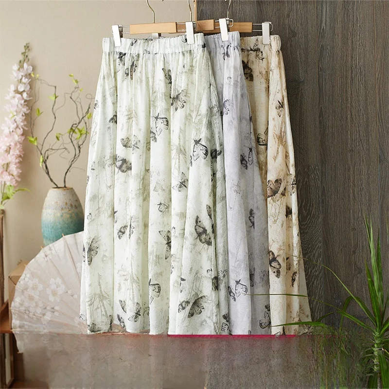

Elegant Print Water-Media Skirt Women's Summer Gentle Versatile Fairy-Like Midi A-Line Skirt Loose Fit High Waist