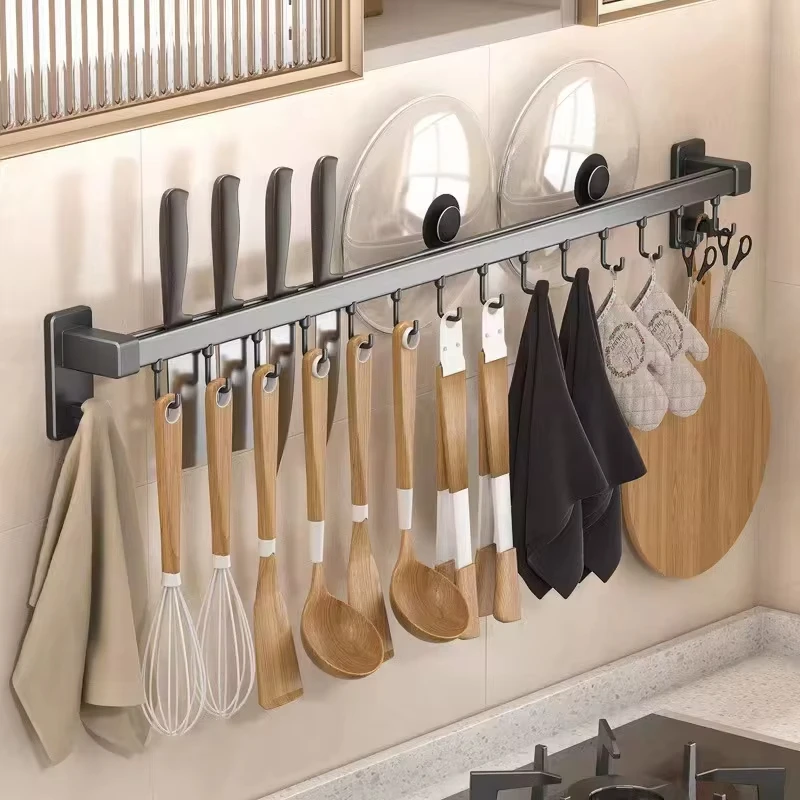 Wall Mounted Kitchen Rack Aluminum Movable Hook Spoon Shovel Holder Spatula Chop Organizer Home appliances Kitchen Accessories