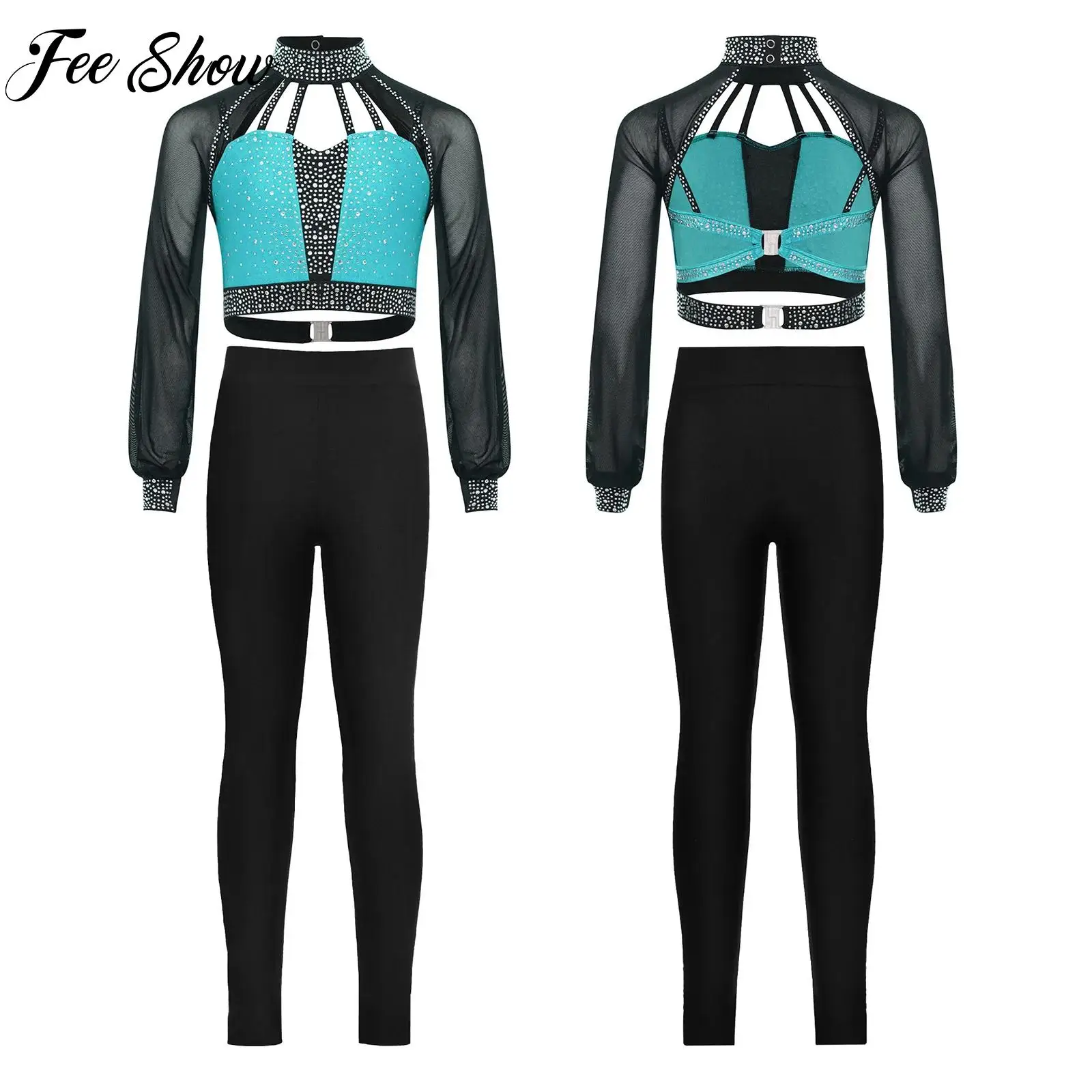 

Children Girls Athletic Figure Skating Dance Outfit Long Sleeves Rhinestones Crop Top+Leggings for Gymnastics Stage Performance