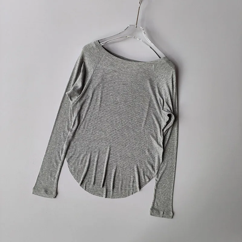 Damen-Langarm-Yoga-Top aus Modal mit gerippter Struktur, lockere Passform, schlankmachend, Herbst-Winter-Sport-T-Shirt, bequemes Yoga-T-Shirt – Detail 4