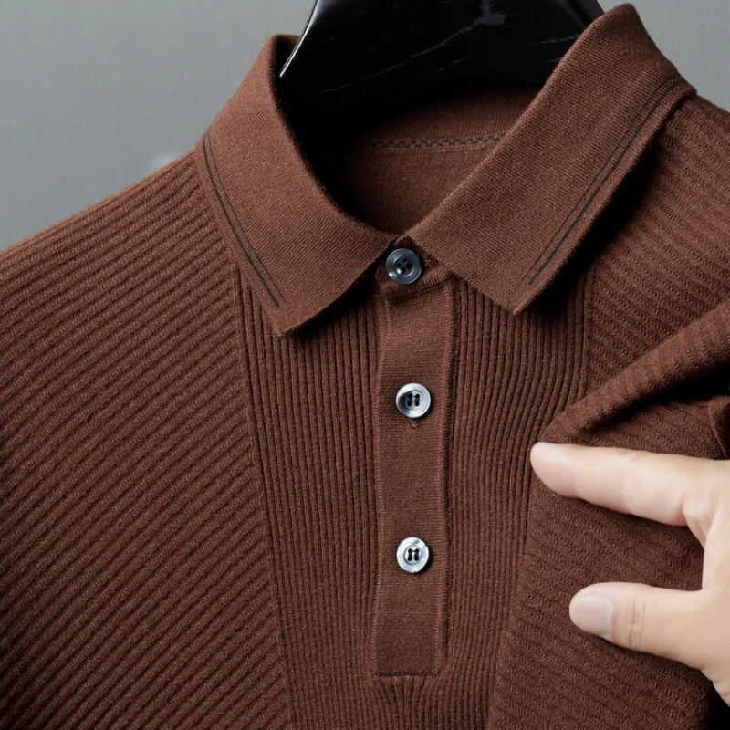 

Solid Color Business Casual Men's Polo Shirt,, Daily Commute Pullover Sweater, Warm Knitted Long-sleeved Cardigan.