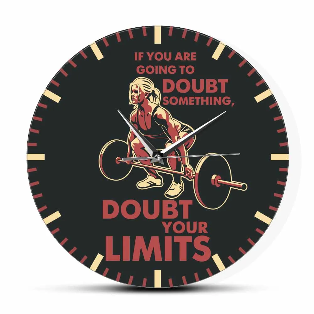 Doubt Your Limits Motivational Quote GYM Wall Clock Workout Fitness Wall Watch Female Girl Weightlifting Athlete Trainer Gift