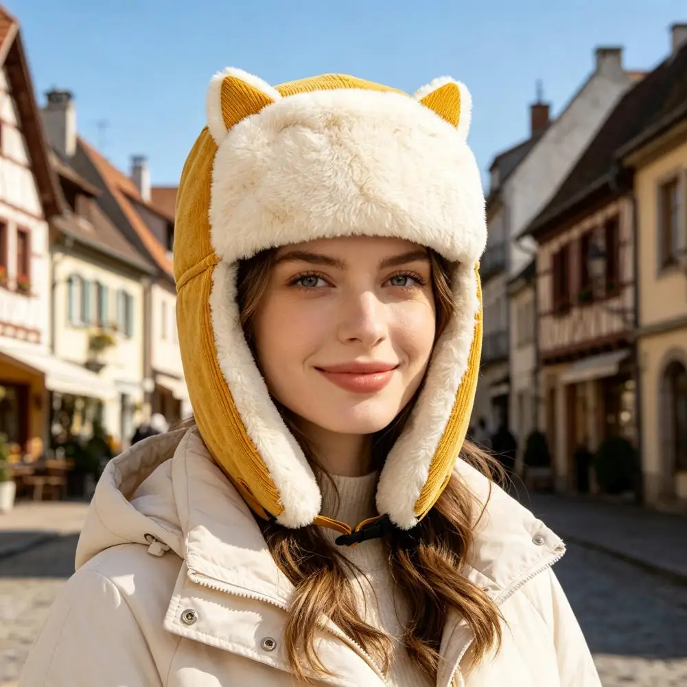 Women Winter Ear Flap Trapper Hat Cute Cat Ear Warm Plush Lined Windproof Cap For Cold Weather Riding Skiing Everyday Outdoor