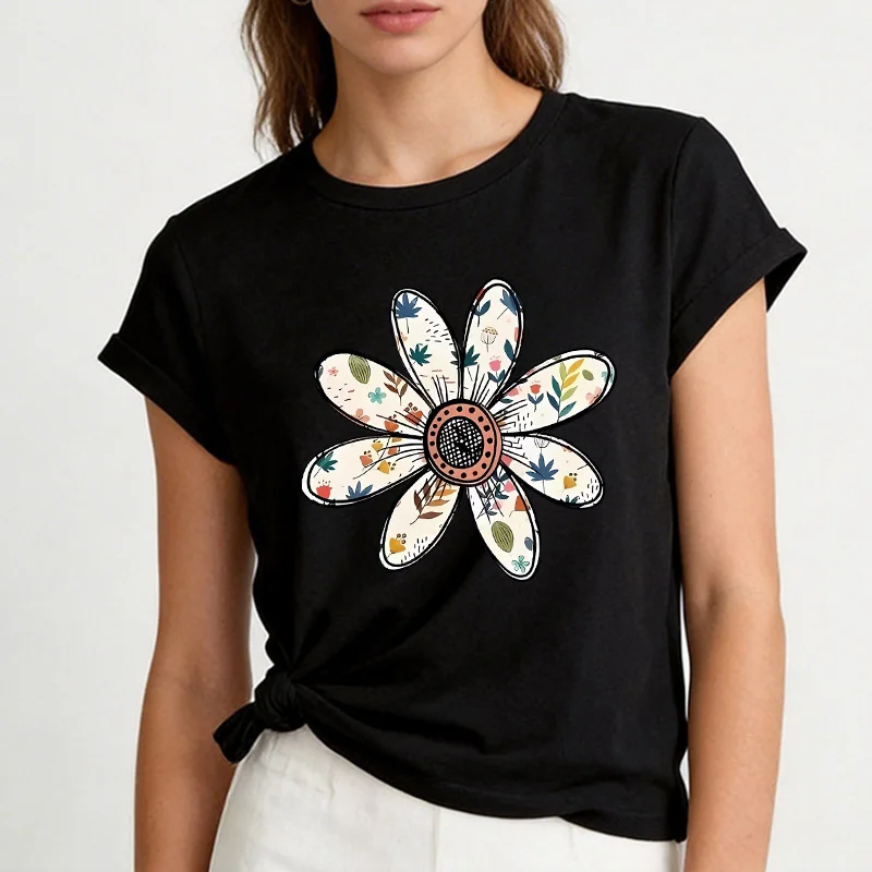 Modisches Vintage-Stil Damen Casual Rundhals Kurzarm-T-Shirt mit Bunten Gänseblümchen-Prints Grafik Y2k Tees Tops Kleidung