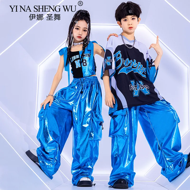 Kids Street Dance Jazz Performance Costumes Girls Hip Hop Summer Fashion Blue Short Sleeve T-Shirt Boys Catwalk Stage Pants Suit