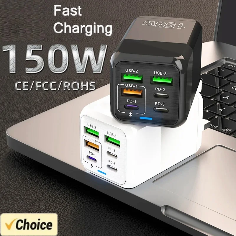 150W Fast Charger USB Type C PD 6A Cable Fast Charging 6 Ports Quick Charge 3.0 Adapter For iPhone Samsung Oneplus Cellphones