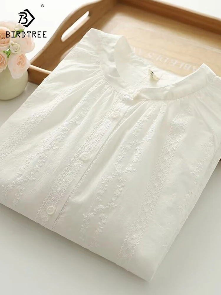 

New 2025 Autumn Cotton Long Sleeve Shirt, Women O Neck Embroidery, Mori Girl French Versatile OL Commute Loose Blouse T57151CC