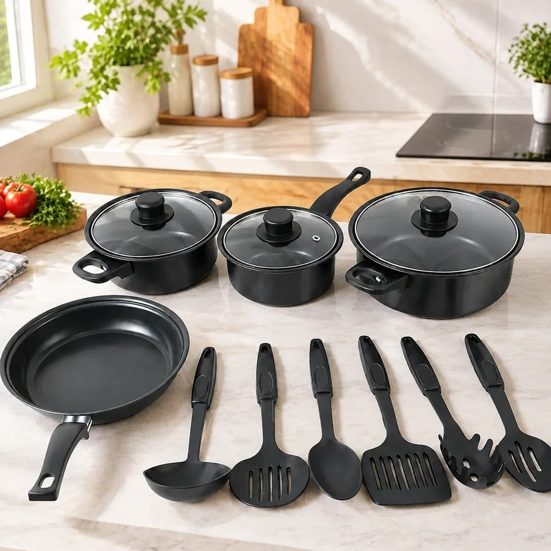 13-Piece Black Cookware Set Featuring Induction-Compatible Pots, Frying Pan, and Utensils for Indoor and Outdoor Use