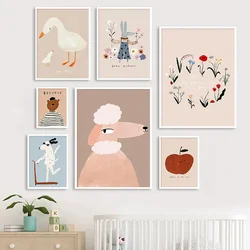 Cartoon Animals Kids Room Decoration Poster Dog Goose Rabbit Wildflower Wall Art Canvas Painting Picture Nursery Baby Room Decor