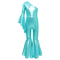 Kids Girls Metallic Shiny One Shoulder Bell-Bottom Bodysuit Carnival Ballet Jazz Dance Performance Costume Flare Sleeve Bodysuit