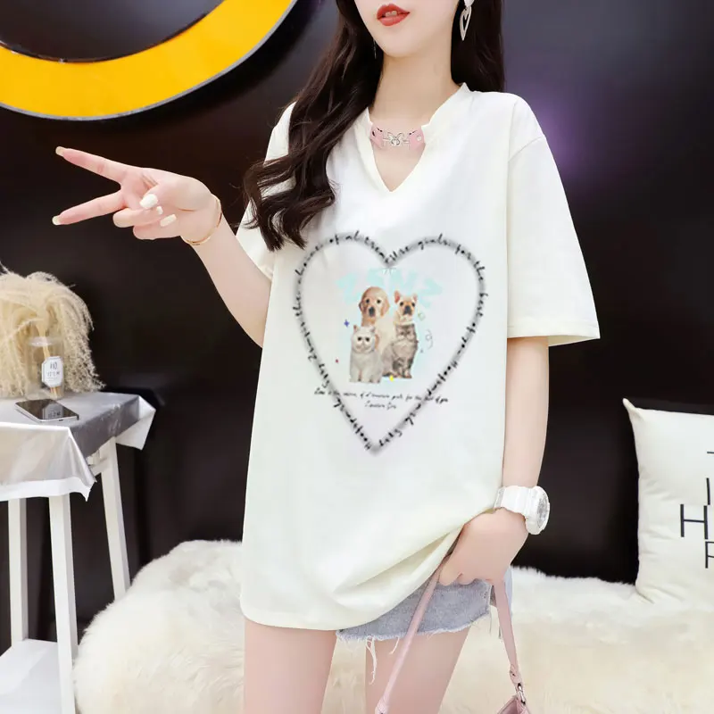 Cotton V-neck Leather Button Short Sleeve T-shirt Women's Summer Korean Version Loose Cute Puppy Top