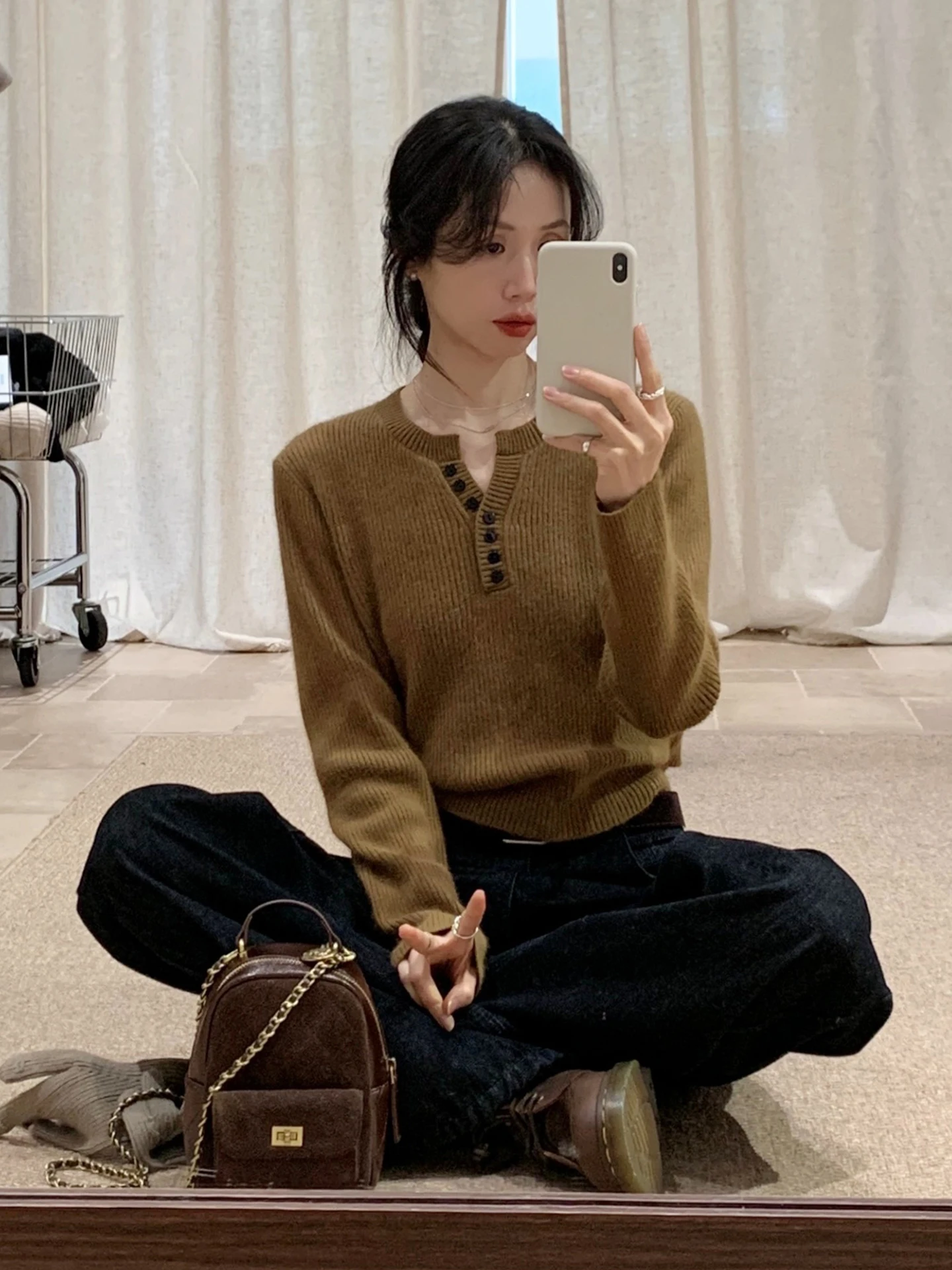 

Корейский женский шерстяной вязаный джемпер с длинным рукавом и V-образным вырезом, повседневный, модный, осенне-зимний, свободного кроя, универсальный