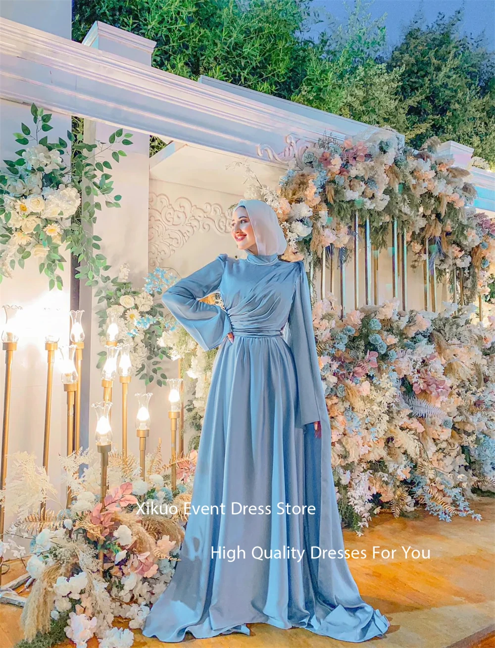 Xikuo modesto azul cetim vestidos de noite verão alta pescoço plissado vestidos cocktail arábia saudita sereia vestido de festa de baile personalizado