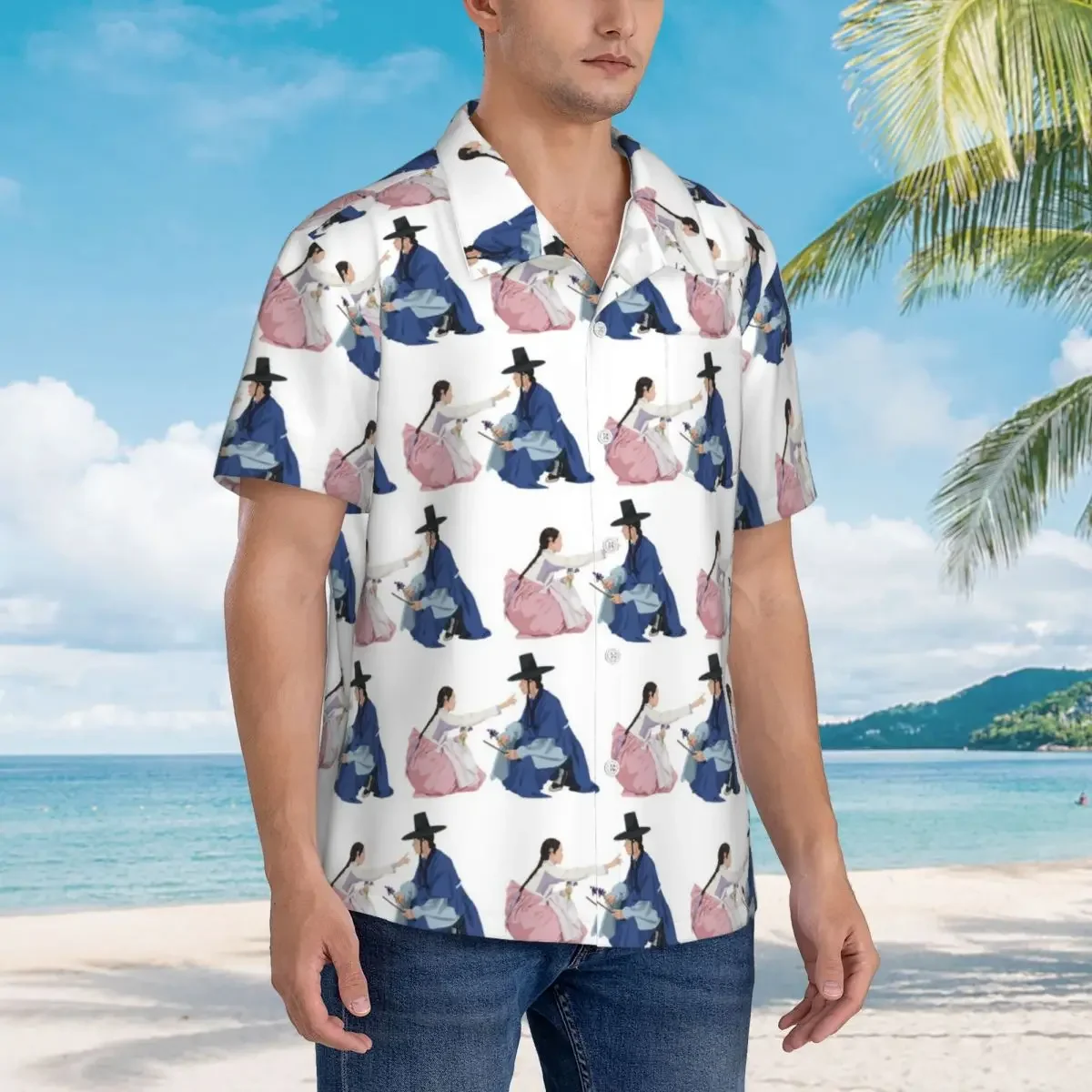 Chemises Hawaïennes pour Hommes à Manches Courtes, Motif Série TV Populaire 'Love Couple Bon Appetit Your Majesty', pour l'Été et la Plage, Hauts Boutonnés pour Hommes