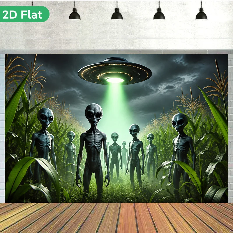 Aliens UFO Cornfield Green Beam Abduction 2D Flat Tapestry Backdrop For Sci Fi Room Decor Extraterrestrial Wall Hanging Art