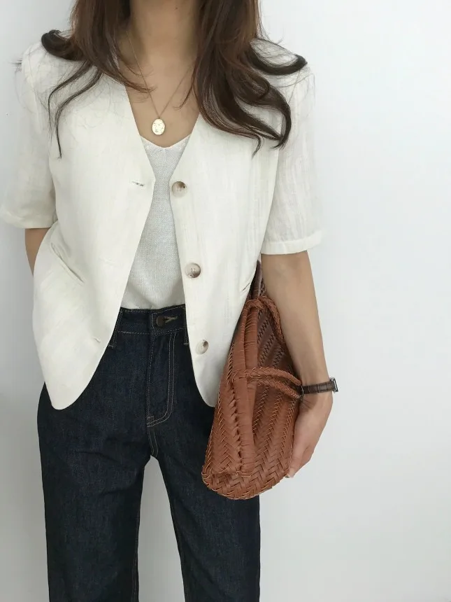 

Korean Style V-Neck Short Sleeve Loose Fit Thin Outerwear Women's Summer Fashionable Button Design Casual Polyester Fiber