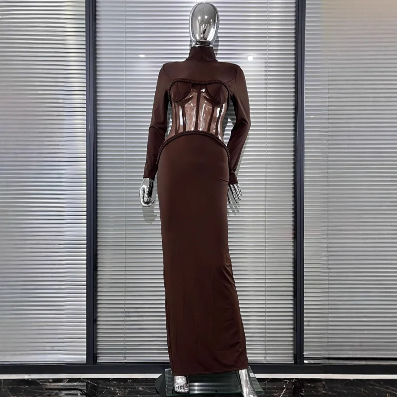 جديد وصول المرأة مثير شير سترة الخصر مقصوص Bodycon الكاكاو اللون ضمادة فستان بسيط أنيق حفلة ثوب مسائي