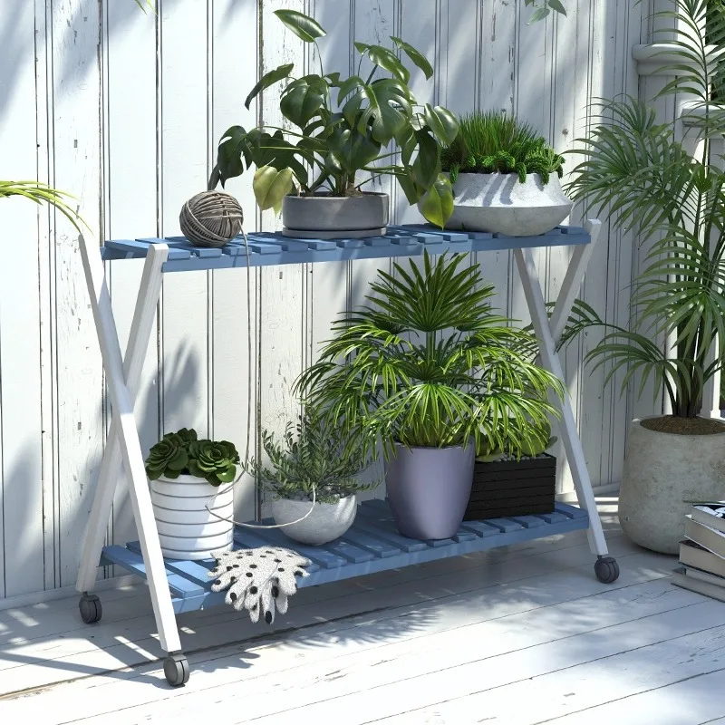 Anticorrosive wood movable flower stand Balcony floor-to-ceiling succulent multi-layer flower pot shelf Living room rack