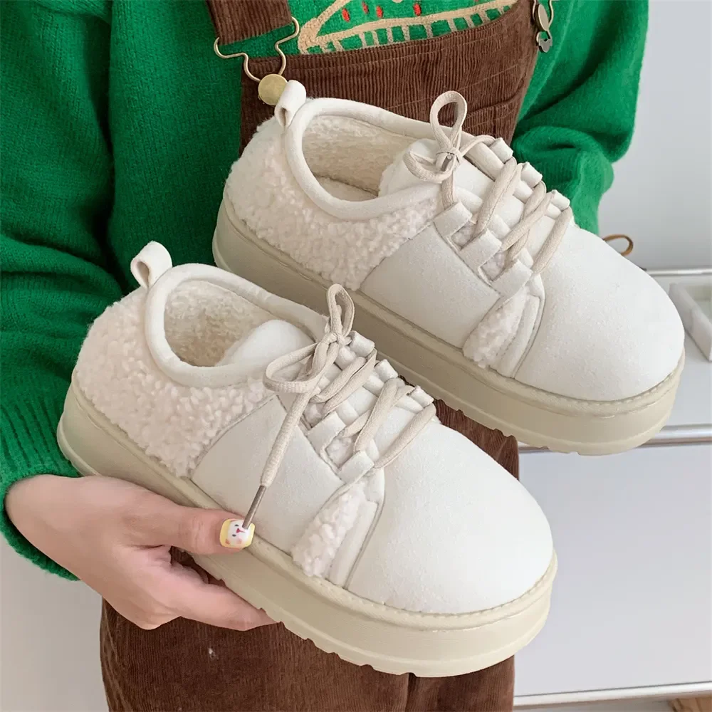 

Retro Casual Cotton Shoes Girls Cute Simple Lace Patchwork Winter Lamb's Wool Fluffy Heightened Thick Bottom Outdoor Board Shoes