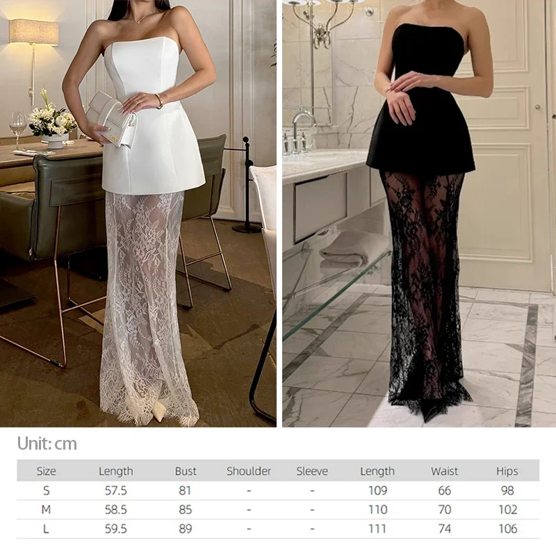 Fashion Strapless Lace Dress Sets Female Elegant Sexy Strap Vest High Waist Splice Long Skirt Ladies Slim Banquet 2 Pieces Set